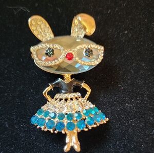 Sparkling Sassy Bunny Brooch with Blue Accents